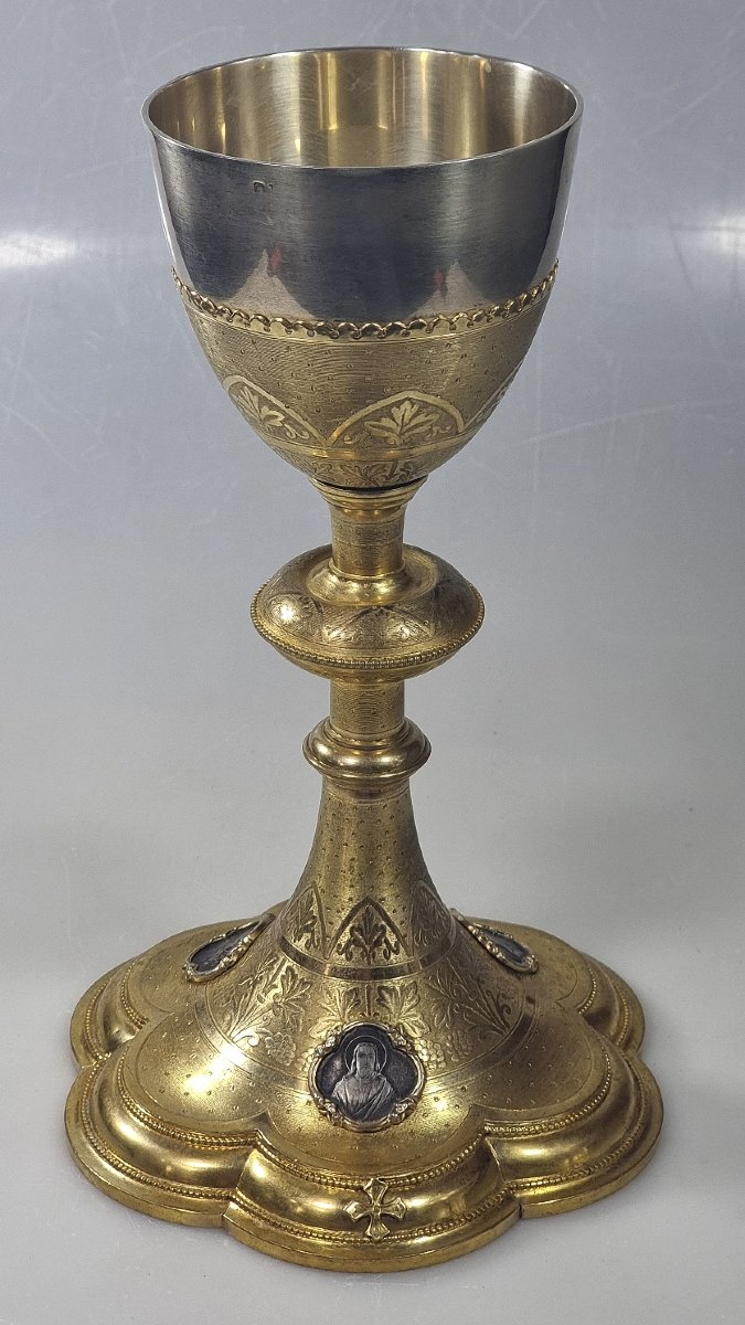 Calice ancien français en bronze doré avec coupe en argent – XIXe siècle
