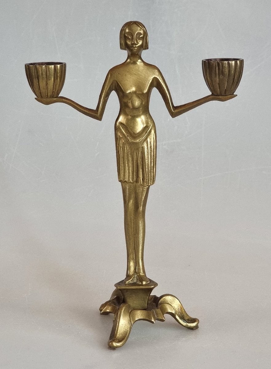 Art Deco Two-light Bronze Candlestick Featuring A Female Figure, Attributed To The Wiener Werkstätte