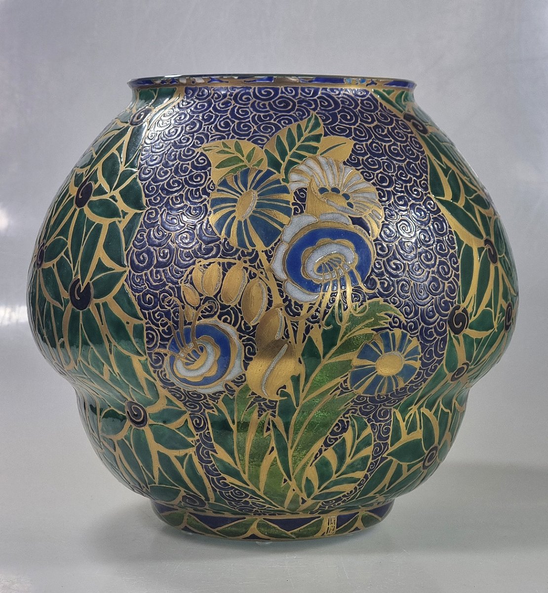 Daum / Leune  Grand vase boule en verre Art Déco, décor attribué à Auguste Heiligenstein 1925