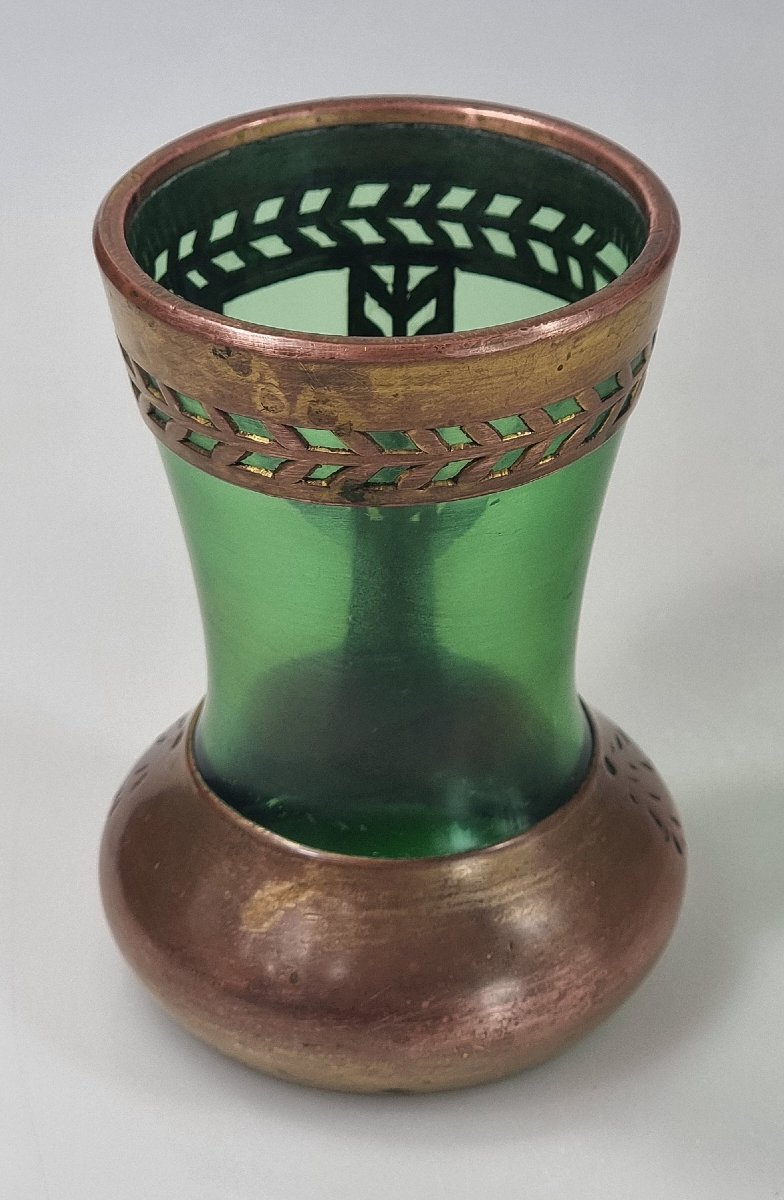 Vase ancien Jugendstil en verre vert à décor de cuivre – dans le goût de Rindskopf-photo-3