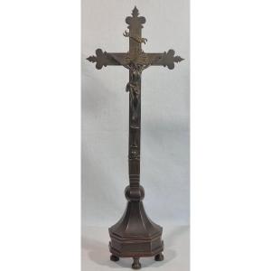 Crucifix En Bronze – 59,5 Cm De Haut – Avec Christ En Croix, Calice Et Crâne Ave