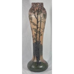 Art Nouveau Legras 56.5 Cm Acid Etched Cameo “engraved Landscapes - Chenonceaux Vase”