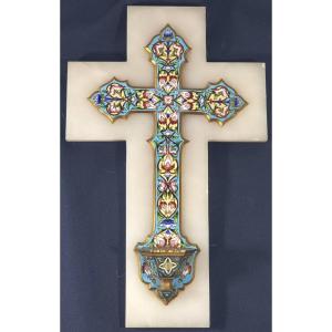 Ancien bénitier français Art Nouveau en onyx et cloisonné / émail, doré à l’or fin – vers 1880