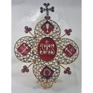 Antique 19th Century French Religious Ornament In Gilded Crystal And Ruby Red/white Rhinestones, 