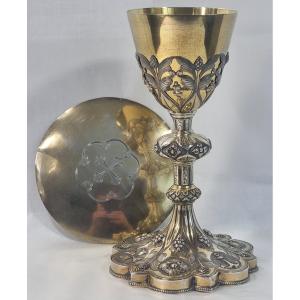 Calice antique de 22,2 cm en argent sterling 950/1000 avec vermeil, style gothique, avec patène