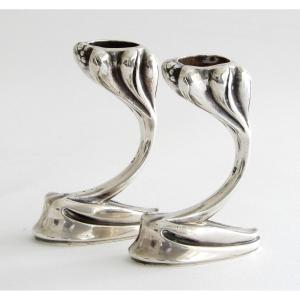 Set Of 2 Art Nouveau Silver Candlesticks “crocus” By Eugène Lefebvre