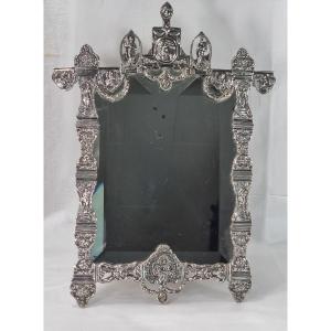 Miroir antique en argent sterling hollandais du XIXe siècle, décoré de scènes bibliques