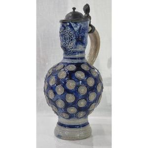 17th-century Stoneware Pitcher From Westerwald – With A Pewter Lid
