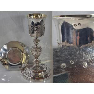 Antique French Chalice, 26 Cm, In Solid 950/1000 Silver (vermeil), Gothic Style, Paten