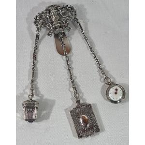 Châtelaine victorienne ancienne en argent massif, 1872