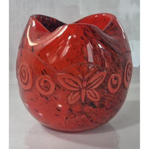 Art Deco Legras Vase In Stylized Ruby Red Glass, Decorated With Butterflies.