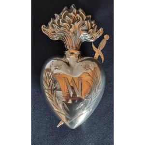 Antique French Sterling Silver Holy Water Bottle, Locket, Pierced Sacred Flaming Heart Pendant,