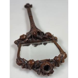 Miroir à main Art Nouveau français en bois sculpté, signé « Gaigneux », vers 1895-1910