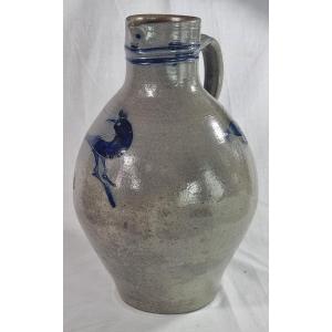 Cruche en grès de Betschdorf à décor d’oiseau bleu cobalt – Alsace, XIXe siècle