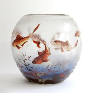 Jean-simon Peynaud – Opalescent Glass Aquarium Vase With Fish Motifs, Circa 1920