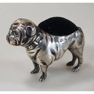 Ancien porte-épingles anglais, argent massif en forme de bouledogue Adie & Lovekin Birmingham