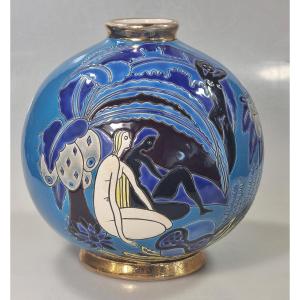 Vase boule Art déco Longwy Primavera « Les Baigneuses » – Jean Olin – 18,5 cm