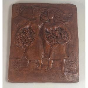 French Glazed Terracotta Plaque Depicting Grape Harvesters—in The Style Of Ludovic Ollivier 