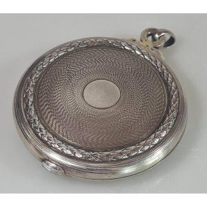 Ancien miroir de poche pliant français en argent – Guilloché – XIXe siècle