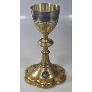 Calice ancien français en bronze doré avec coupe en argent – XIXe siècle