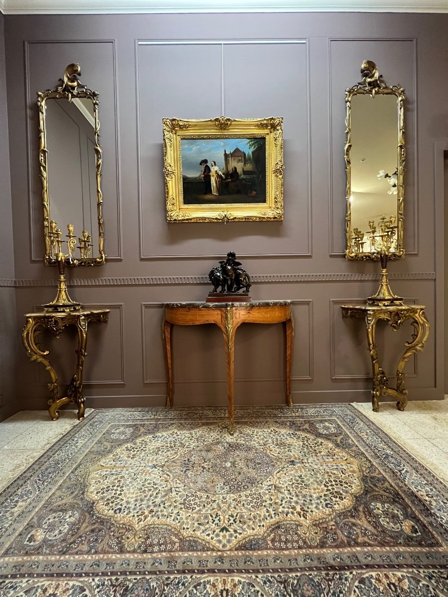 Paire De Consoles Et Miroirs En Bois Doré De Style Louis XV