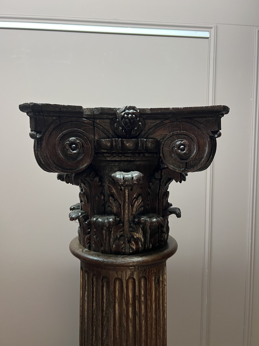 Grande Paire De Colonnes Corinthiennes En Chêne 2m62 X 36cm-photo-4