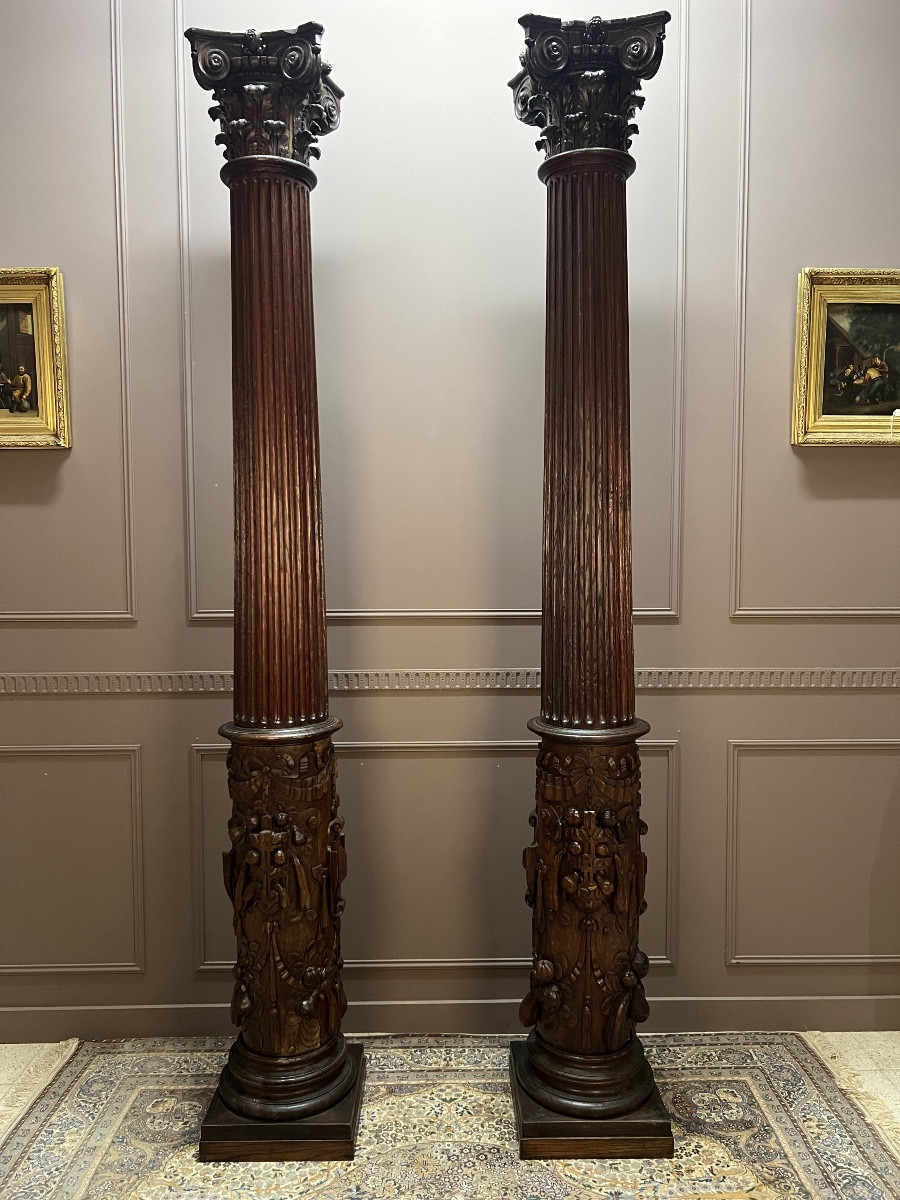 Grande Paire De Colonnes Corinthiennes En Chêne 2m62 X 36cm