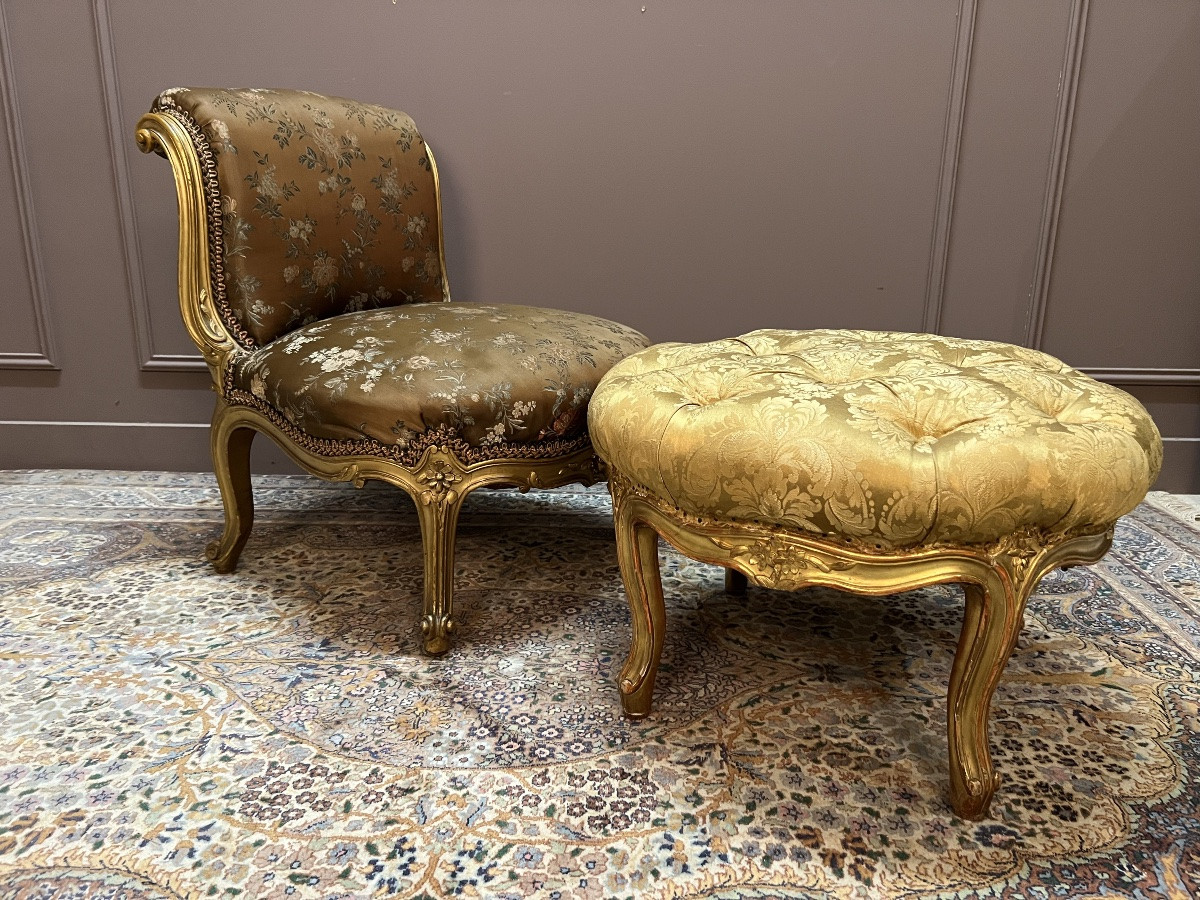 Ensemble de chauffeuse et tabouret en bois doré de style Louis XV-photo-2