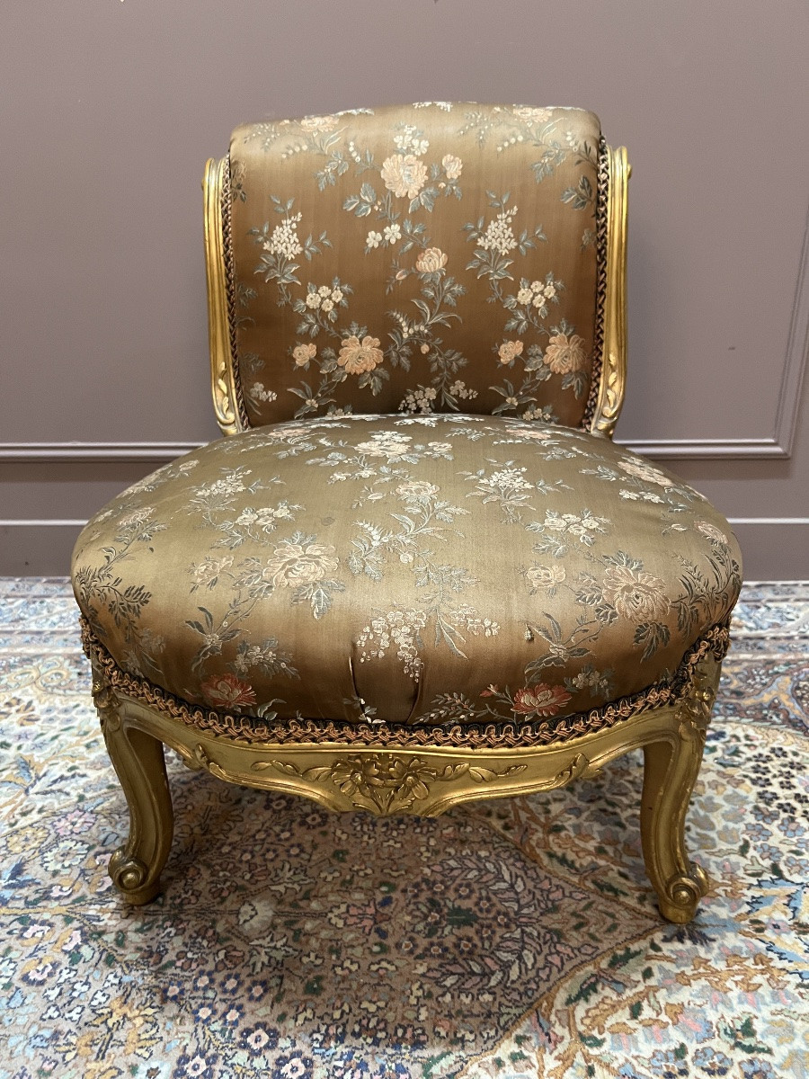 Ensemble de chauffeuse et tabouret en bois doré de style Louis XV-photo-4