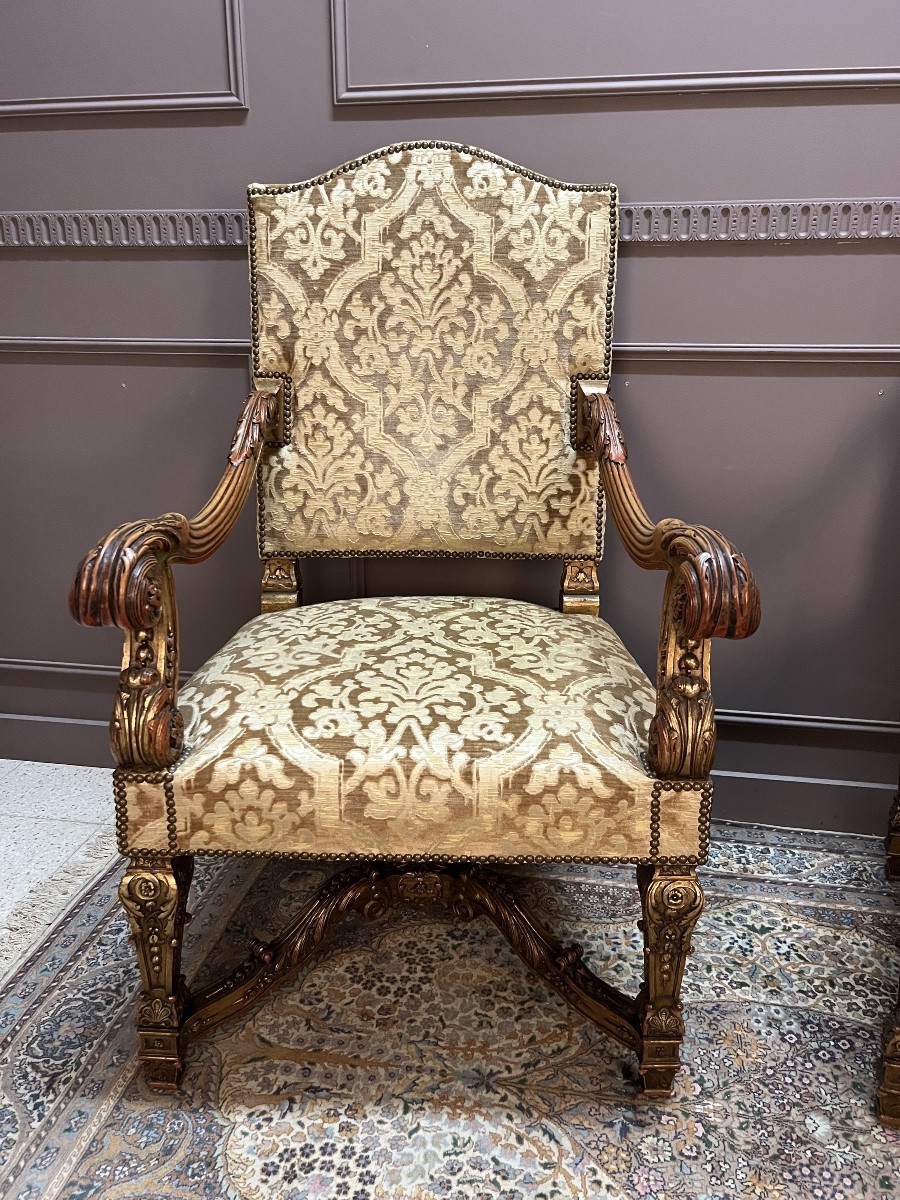 Pair Of Louis XIV Armchairs In Gilded Wood-photo-2