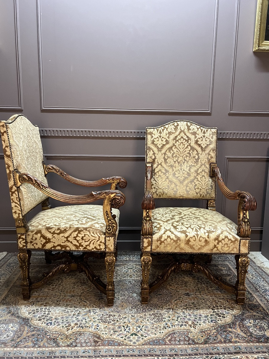 Pair Of Louis XIV Armchairs In Gilded Wood-photo-3
