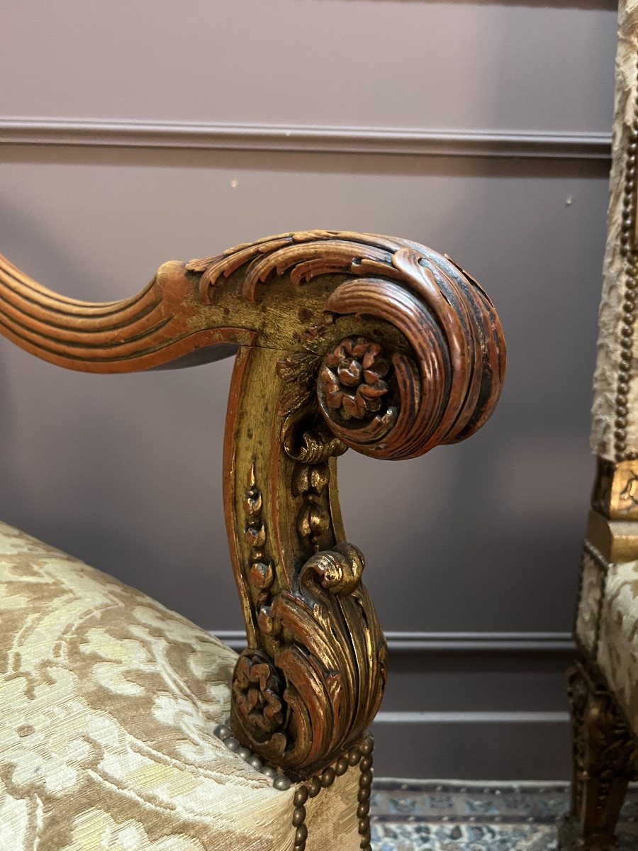 Pair Of Louis XIV Armchairs In Gilded Wood-photo-4