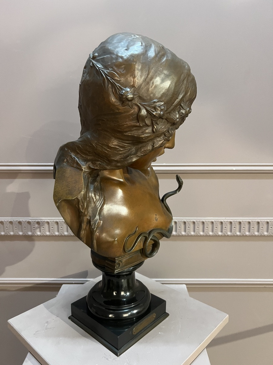 “cleopatra” Bronze Bust Signed Isodore De Rudder-photo-3