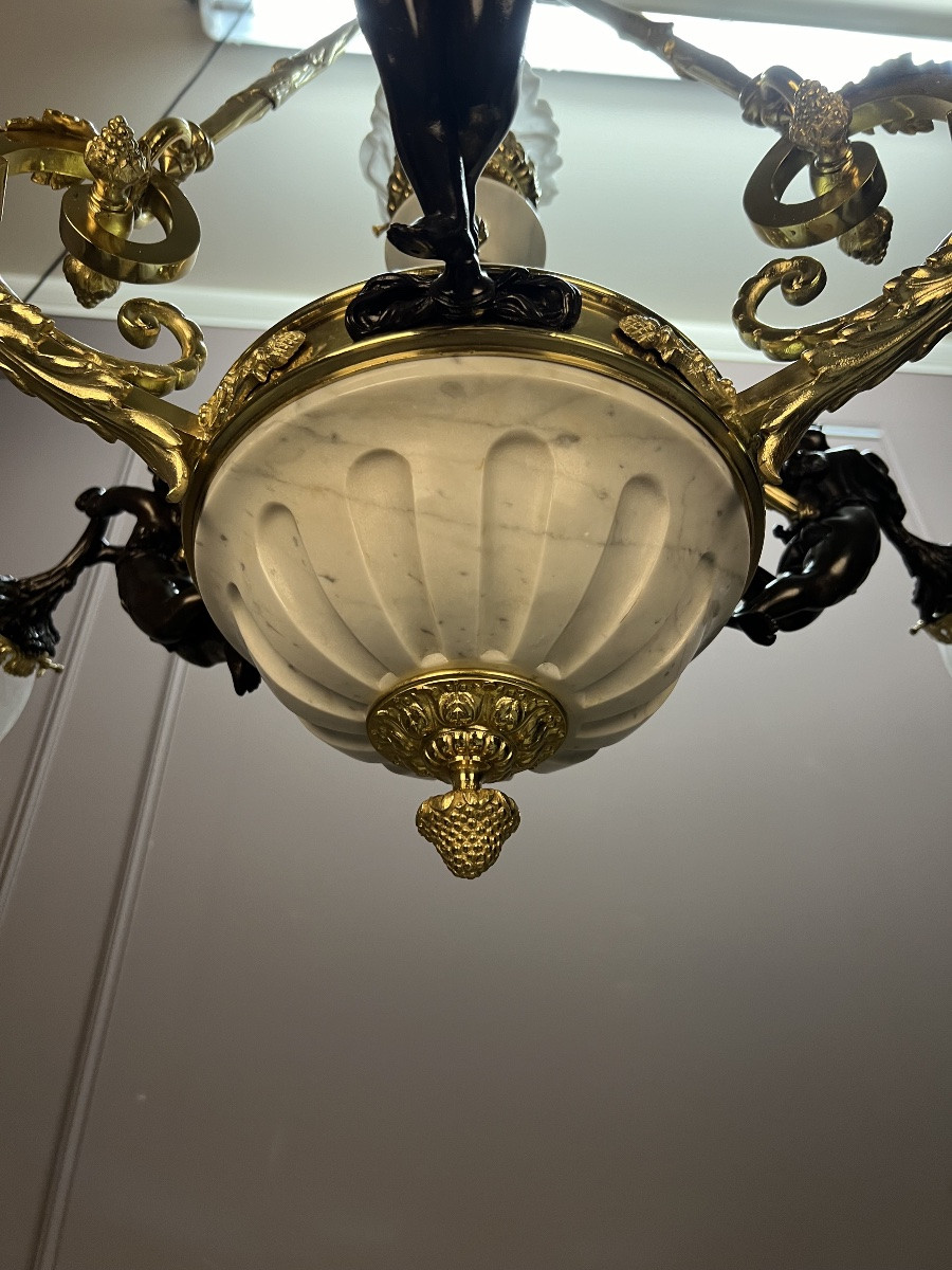 Lustre en bronze doré et marbre aux angelots-photo-4