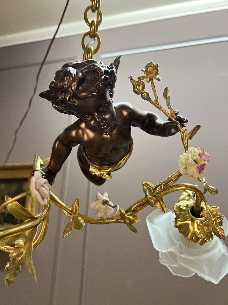 Bronze Chandelier With Cherub Decoration-photo-2