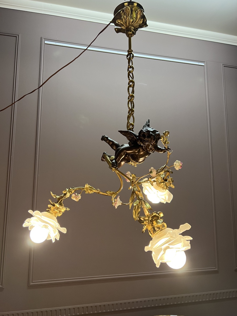 Bronze Chandelier With Cherub Decoration