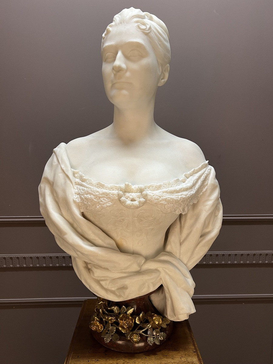 White Marble Bust Signed J. Bourgeot, 1887 On A Louis XV Style Carved Walnut Column-photo-4