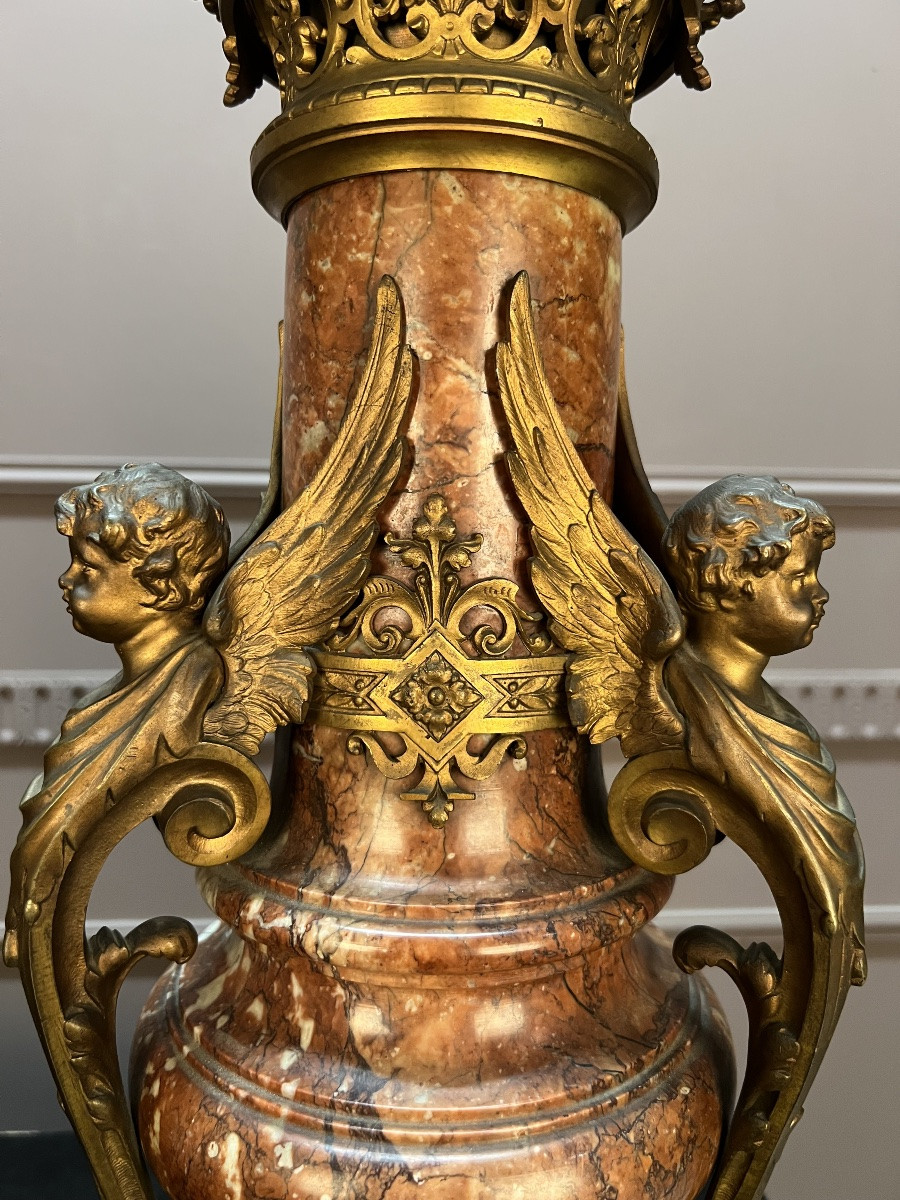 Pair Of Large Marble And Gilt Bronze Vases, 19th Century-photo-4