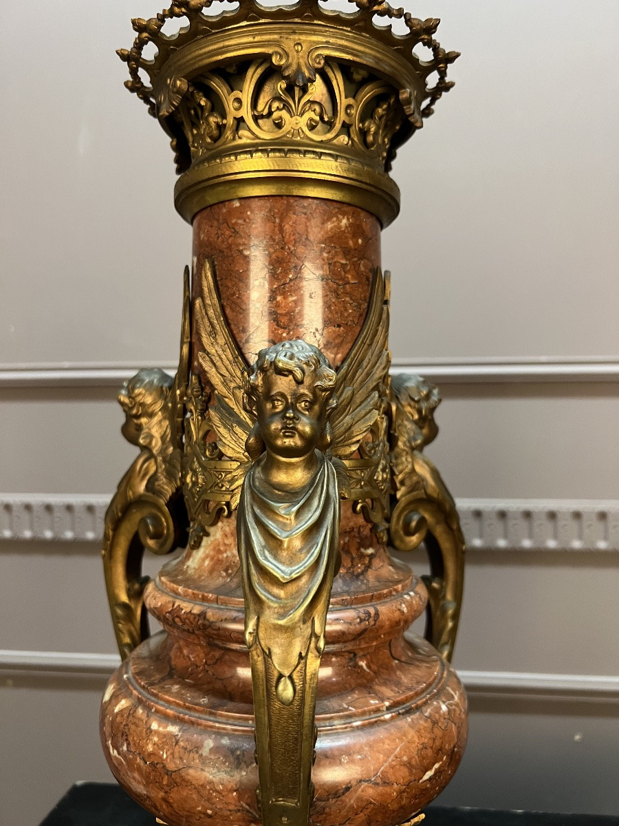 Pair Of Large Marble And Gilt Bronze Vases, 19th Century-photo-3
