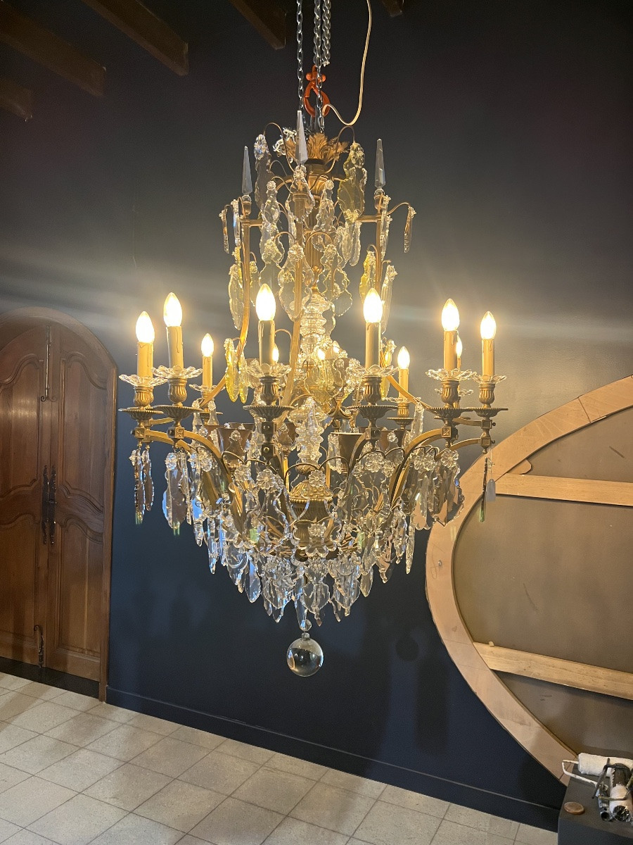 Large Crystal And Bronze Cage Chandelier – Louis XVI Style – 19th Century. Height: 130 Cm – 28 In-photo-2