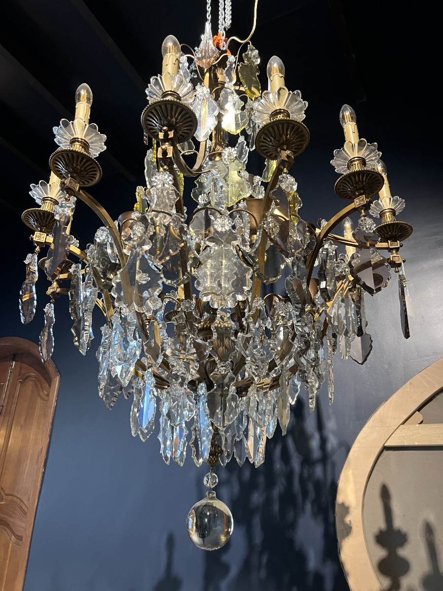 Large Crystal And Bronze Cage Chandelier – Louis XVI Style – 19th Century. Height: 130 Cm – 28 In-photo-4