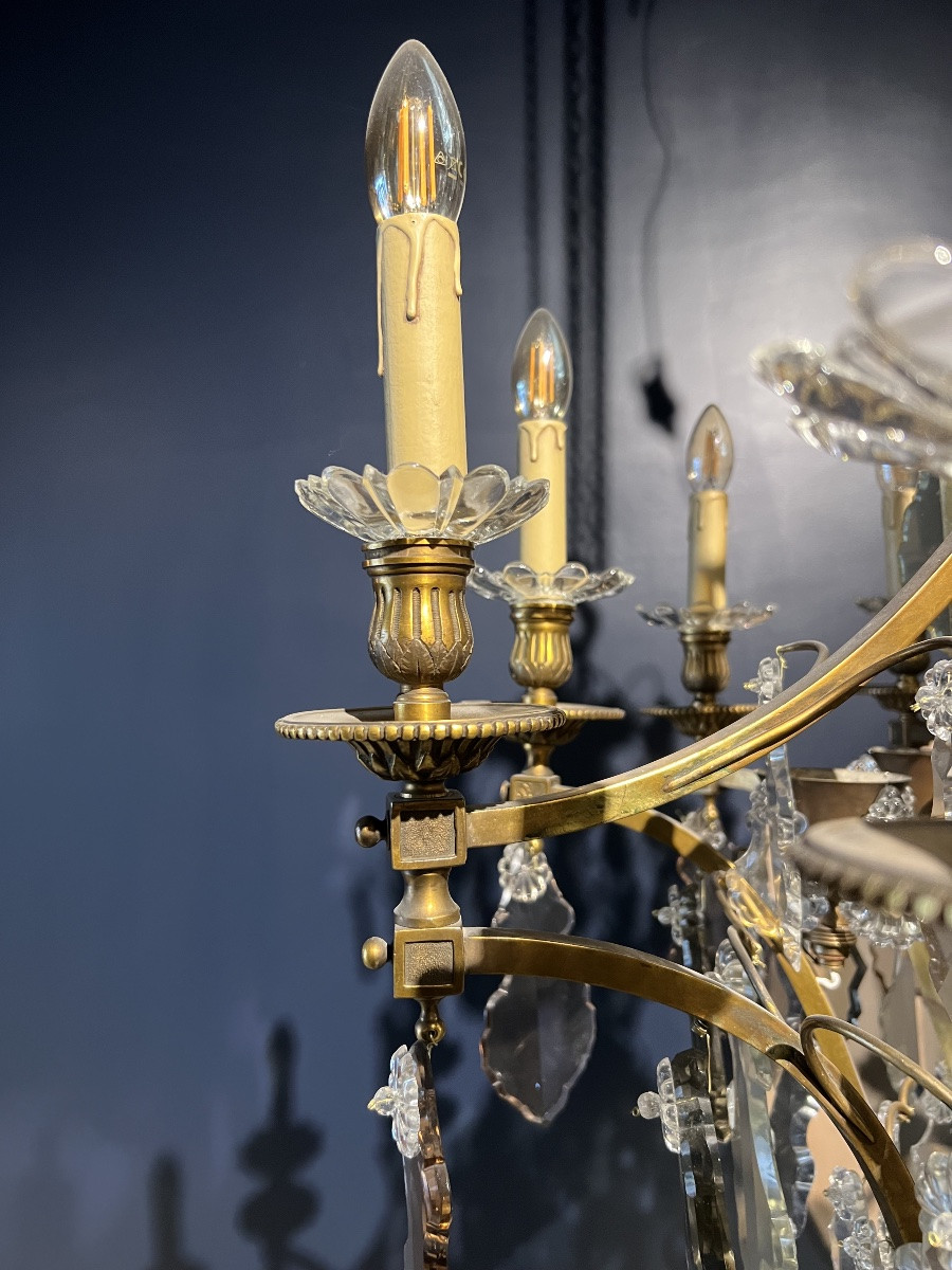 Large Crystal And Bronze Cage Chandelier – Louis XVI Style – 19th Century. Height: 130 Cm – 28 In-photo-1
