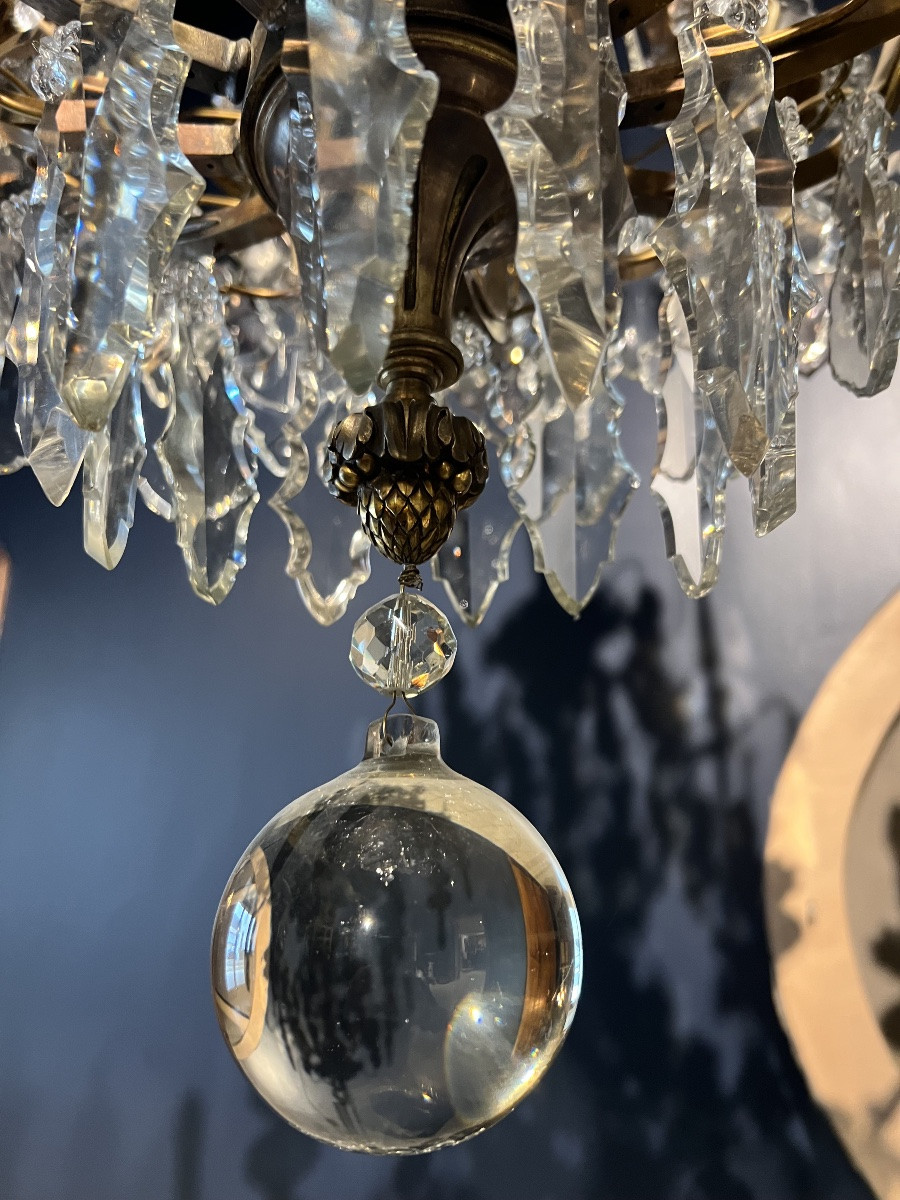 Large Crystal And Bronze Cage Chandelier – Louis XVI Style – 19th Century. Height: 130 Cm – 28 In-photo-5