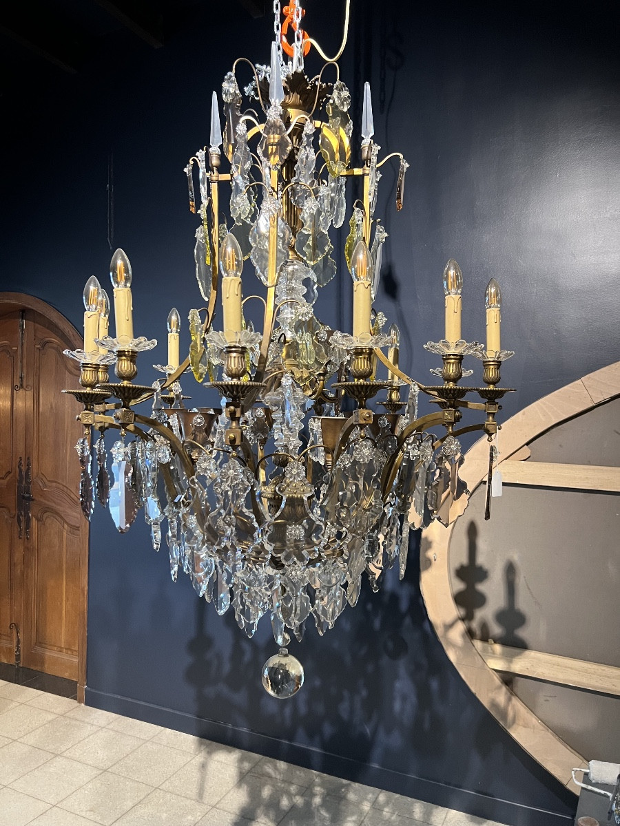 Large Crystal And Bronze Cage Chandelier – Louis XVI Style – 19th Century. Height: 130 Cm – 28 In