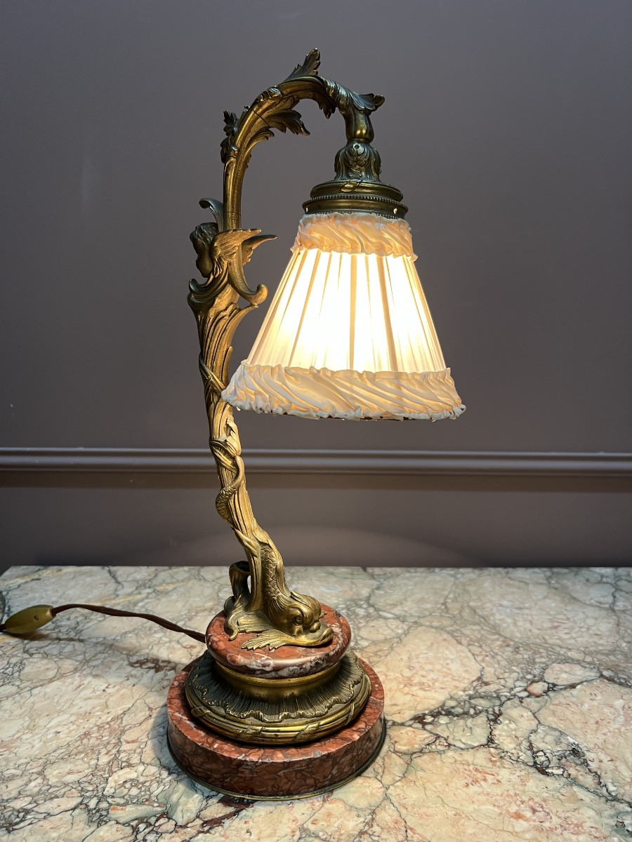 A Louis XV Style Desk Lamp, In The Style Of Léon Messagé, In Gilt Bronze And Marble, Circa