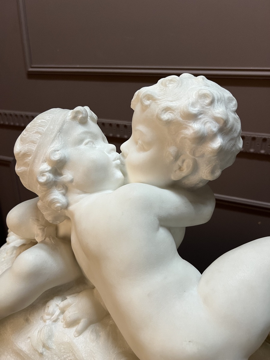 Marble Group Signed A. Goutal – Embracing Putti-photo-4