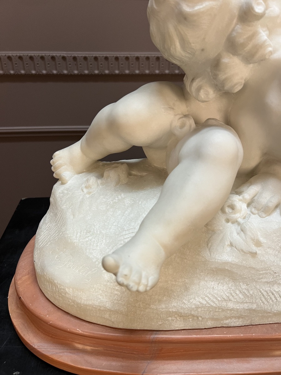 Marble Group Signed A. Goutal – Embracing Putti-photo-1