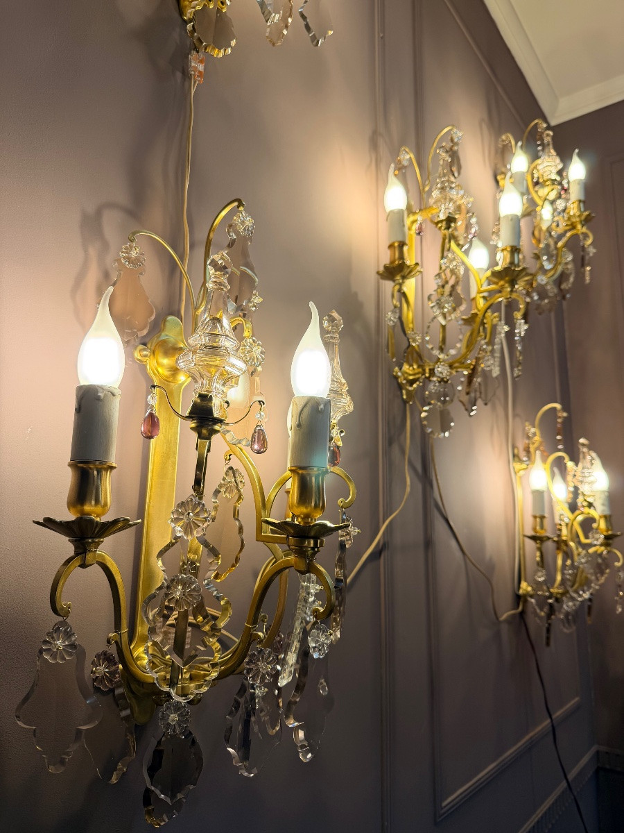 Set Of Five Bronze And Crystal Wall Lights-photo-3