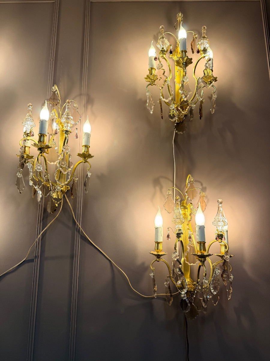 Set Of Five Bronze And Crystal Wall Lights-photo-3