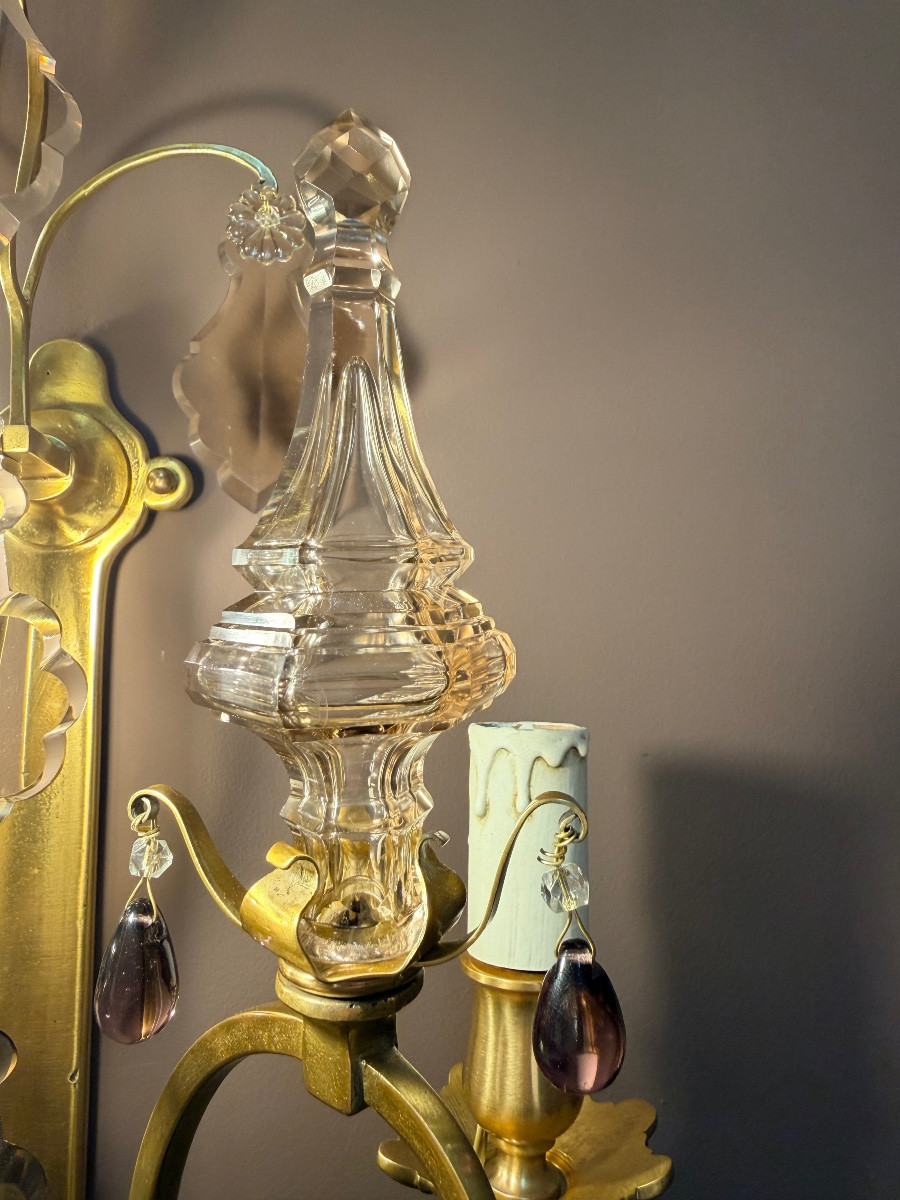 Set Of Five Bronze And Crystal Wall Lights-photo-6